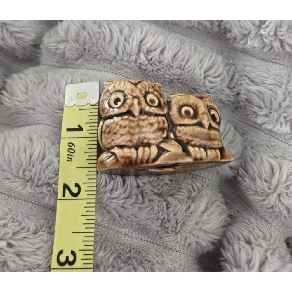 Miniature Owl Figurine Owl Pair Carved detail Ceramic 1.5